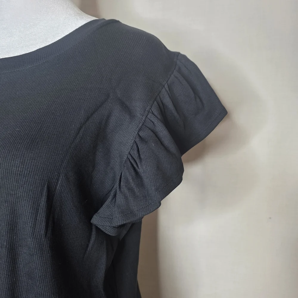Lands' End Outfitters Ladies' Black Scoop Neck Ruffle Sleeve Blouse Petite Large - Picture 2 of 6